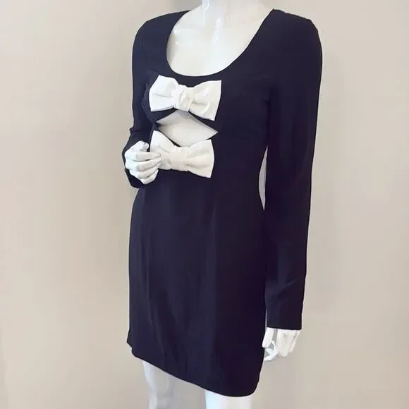 STAUD Lido Long Sleeve Mini Dress w Bow Cutouts in Black & Opal Holiday Party - Picture 4 of 9